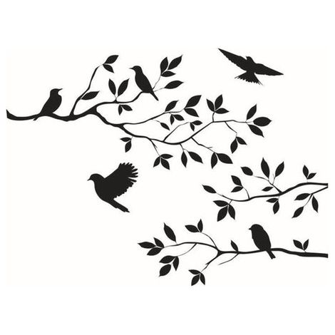 Sticker mural avec branche d'arbre et oiseau - Décoration murale - Décoration murale pour salon - Sticker mural amovible - Décoration murale - Noir - PVC noir (1/5)
