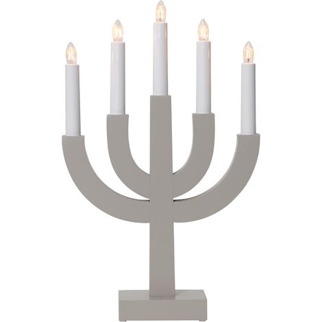 Kerzenleuchter ,Selma' aus lackiertem Kiefernholz, grau-beige, 5-flammig, E10 Leuchtmittel, H 40cm (1/4)
