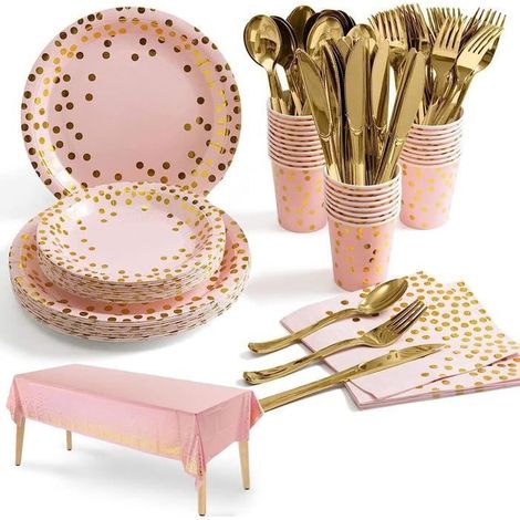 141 pièces Vaisselle jetable rose, service complet fête anniversaire, kit table pour 20 personnes, mariage baby-shower Noël