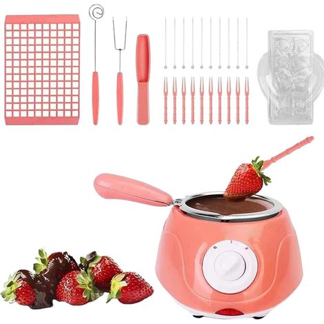 Plastic electric fondue set with trays and dipping forks for melting sweets (UK standard, pink)