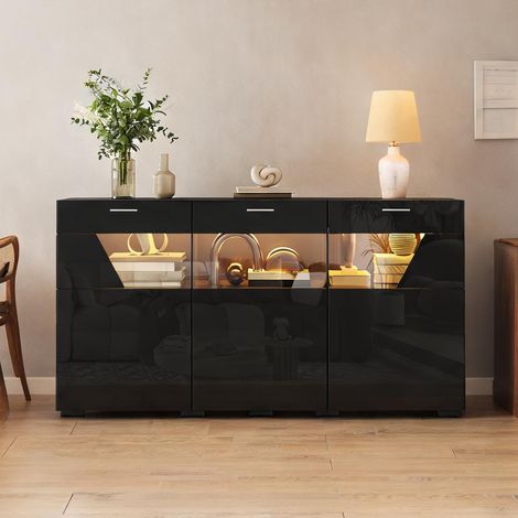 Buffet noir 3 portes verre et LED pour salon 160 cm coloris noir (1/5)