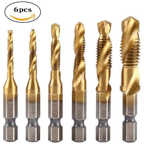 Mèches Fileteuse, Forêt Taraudeur, Forets Combinés et Tarauds, 6 Pièces d'outils de Taraudage à Filetage Tarauds à Vis Ensembles d'outils pour M3, M 4, M5, M6, M8, M10 (1/5)
