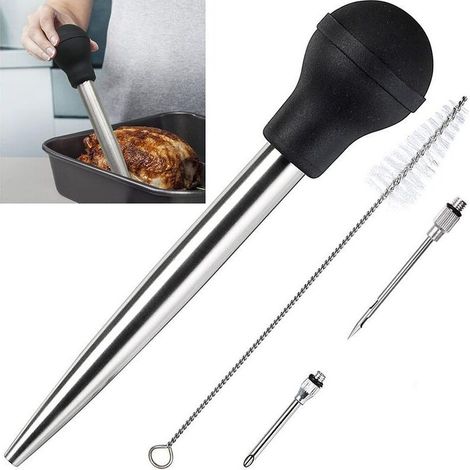 Pera de acero inoxidable y goma apta para uso alimentario con inyector de limpieza para cocinar y rociar, y silicona apta para uso alimentario para carne de res, pollo y aves. (1/5)