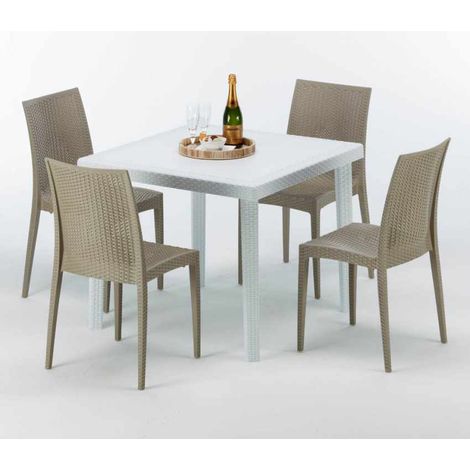 Tavolino Quadrato Bianco 90x90 cm con 4 Sedie Colorate Bistrot Love - Beige