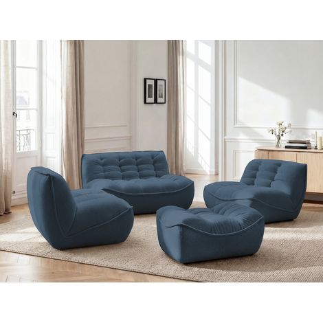 BOBOCHIC - Canapé droit fixe modulable SERENA avec 2 chauffeuses 1 place et 1 chauffeuse 2 places tissu chiné avec pouf Bleu (1/5)