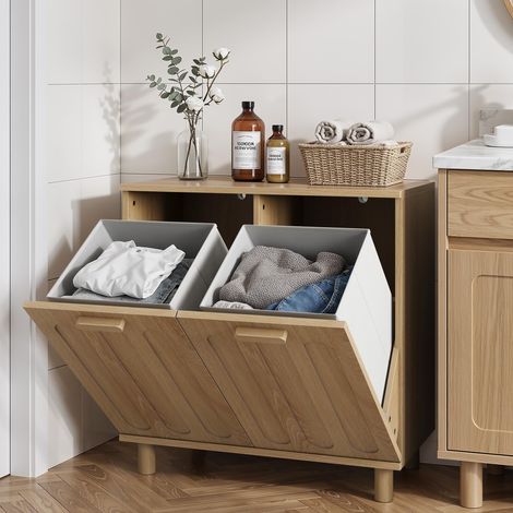 Cesto portabiancheria e mobile basso da bagno moderno 66 cm – mobile lavanderia colore rovere con 2 cesti inclinabili per raccolta differenziata e sacchi rimovibili per bagno e camera da letto