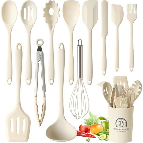 13 Pièces Set Ustensile Cuisine Silicone, sans BPA, Antiadhésive Anti-Rayures Cuisine Accessoires, Passe au lave-vaisselle - Beige (1/5)