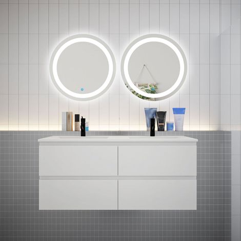 Ensemble meuble double vasque L.120cm 4 tiroirs + lavabo + 2 LED miroirs rond 60cm,blanc,aica sanitaire (1/5)