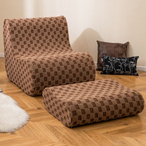 Chaise Pouf avec Ottoman avec Éponge à Haute Élasticité Fond Antidérapant & Housse en Velours Teddy Lavable en Machine Marron (1/3)
