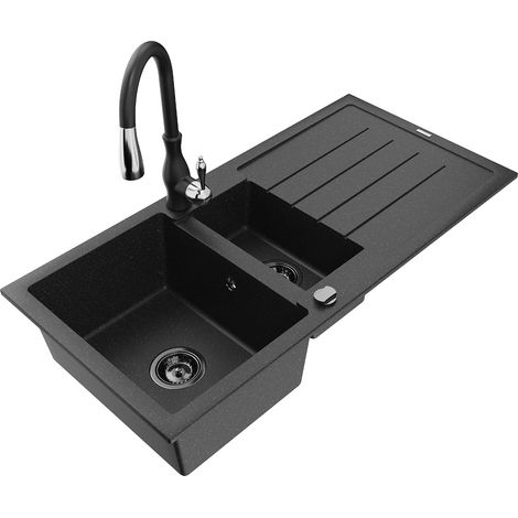 Mexen Andres fregadero de granito de 1,5 senos con escurridor y grifo de cocina Savita, negro/plata - 6515-73-672601-70-B