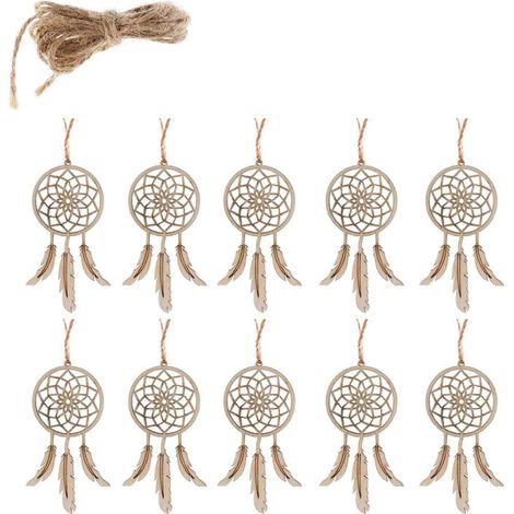 Dream Catcher - Bois Naturel - Décor Maison Chambre Café - Pendentif Artisanal avec Plume - Lot de 10 Pièces avec Corde en Chanvre (1/5)