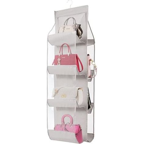 Sac de Rangement Suspendu pour Armoire, 8 Poches en Tissu Polyester Respirant et PVC, Organisateur Mural Gain de Place, Lavable, 46 x 138 cm, Gris Clair (1/4)