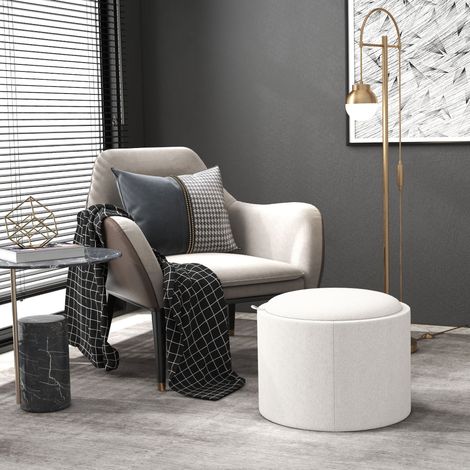 Pouf Coffre Rond avec Couvercle Rabattable, Assise Rembourrée, Rangement Caché, Similicuir Effet Lin, Blanc Crème (1/5)