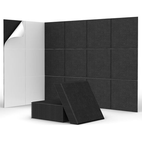 18 pannelli fonoassorbenti autoadesivi per pareti, 30 x 30 x 0,9 cm, in schiuma fonoassorbente ad alta densità, adatti per l'insonorizzazione di uffici, colore nero. (1/5)