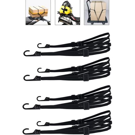 Lot de 4 sangles élastiques, 90 cm de long, avec crochets, très élastiques, sangles de bagages réglables pour empêcher les bagages, casques, etc. de tomber, noires. (1/5)