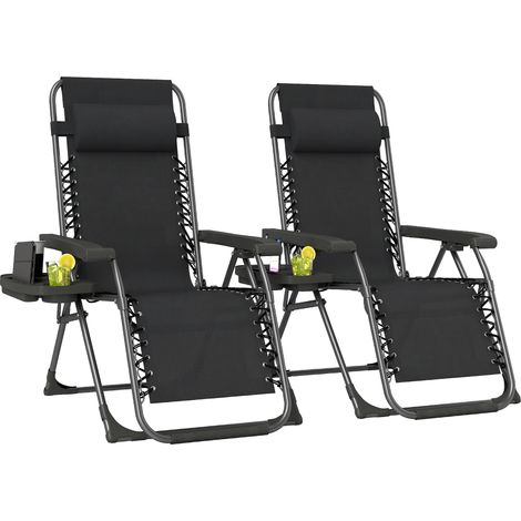 Outsunny Zero Gravity Chairs Set of 2 with Cup Holder, Headrest, Black