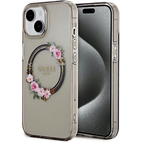 Guess IML Ghirlanda di Fiori MagSafe - Custodia per iPhone 15 (Nero) (1/5)