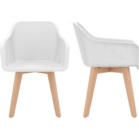 Set di 2 sedie da pranzo, bianche, gambe in legno, schienale ergonomico