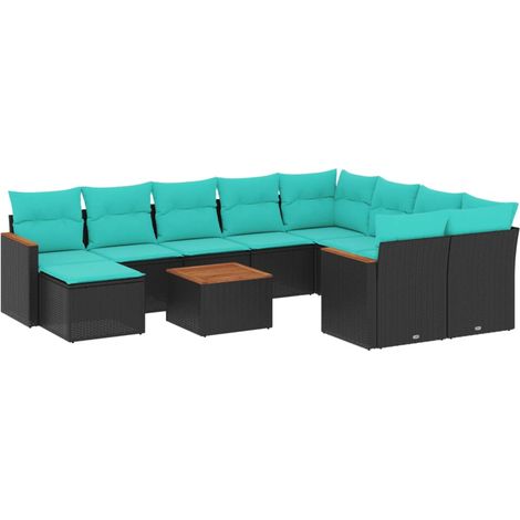 11-teiliges Gartensofa-Set mit Kissen, schwarzes Polyrattan (1/5)