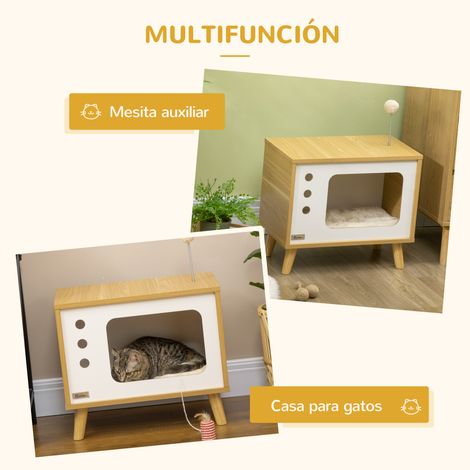 Katzenbett/Katzennische im TV-Stil mit waschbarem Kissen und Spielball, 50 x 28 x 43 cm, Eiche (1/5)