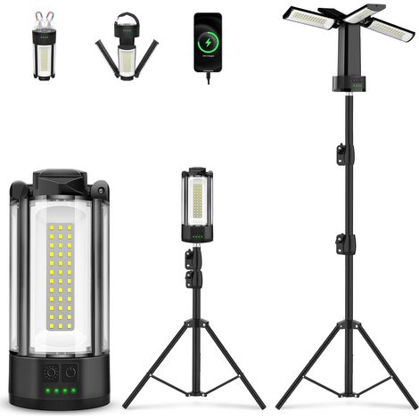 Projecteur de Chantier LED Rechargeable avec Trépied, Multiples Modes Lampe de Travail Réglable, 10400 mAh Lampe de Camping à 4 Têtes, Projecteur sur pied Pour Chantier, Garage, Camping(Noir) (1/5)