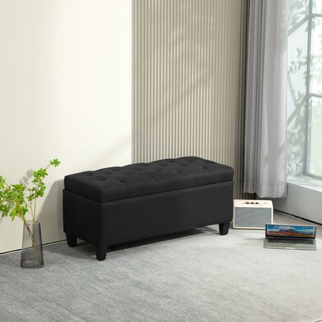 Banc coffre avec rangement, 100 x 40 x 44 cm, polyester aspect lin noir HAVRYA (1/5)