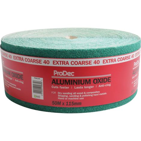 ProDec Rotolo da 50 m di carta abrasiva in ossido di alluminio verde di grado extra grosso, grana 40, per levigare legno, vernice, intonaco, stucco, metallo e altro ancora, larghezza 115 mm, (1/5)