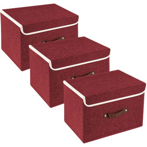 Boîte de rangement tissu lavable avec couvercle, 38x25x25 cm, lot de 3, vin rouge