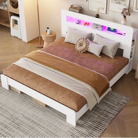 Bettgestell 180x200 cm Weiß aus Holz mit Stauraum, LED-Beleuchtung und Steckdosen (1/5)