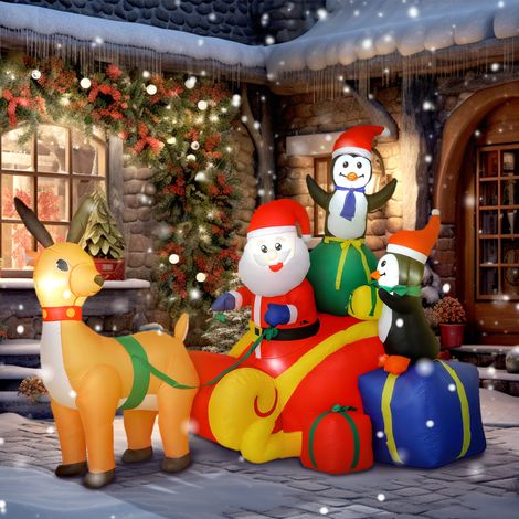 Décoration de Noël gonflable 180x120x155 cm pour le Père avec des manchots traîneau et des lumières LED en rennes, décorations de pour