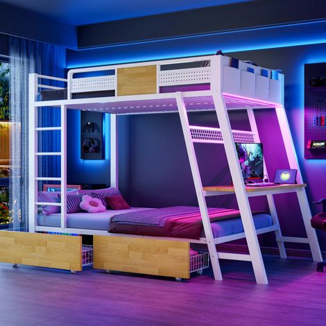 Lit superposé enfant 90x200 cm bureau gaming LED, blanc, métal et bois, sans matelas FloraGrace (1/5)