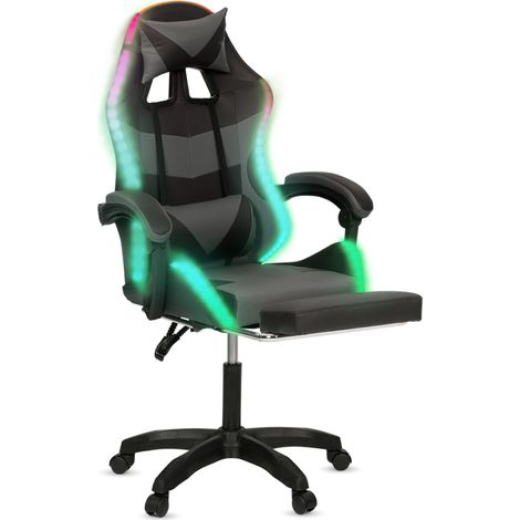 Idmarket – Fauteuil de gaming LED avec repose-pied – Coussin de tête et support lombaire ajustables – Revêtement PVC déperlant – Dossier inclinable 135°