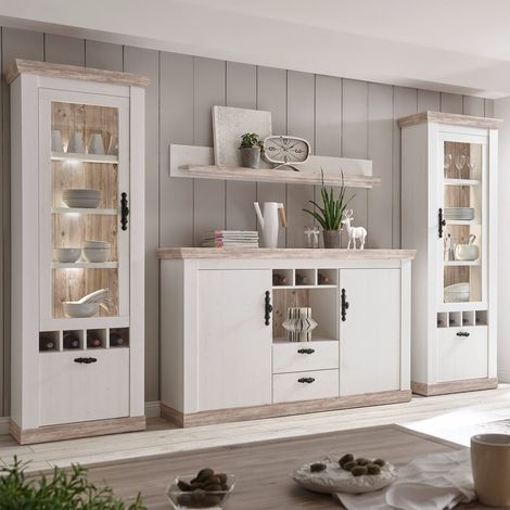 Landhaus Wohnwand mit Highboard FERNA-61 Oslo Pinie dunkel und weiß Nb. B/H/T ca. 330x201x44cm (1/5)