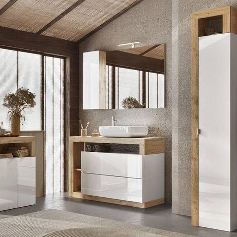 Ensemble meuble vasque 110cm + rangement + armoire 1P blanc et aspect bois Cadiz - ARTURO (1/5)