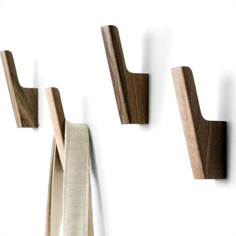Ensemble de 4 patères murales en noyer foncé ou gris clair, idéales pour suspendre chapeaux, portefeuilles, sacs à dos, sacs et vestes. Décoration champêtre moderne et patère pratique (bois de noyer). (1/5)