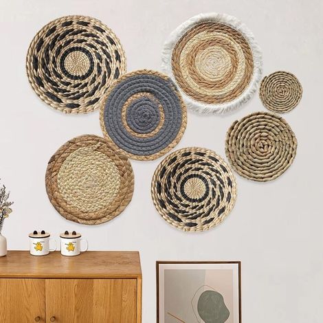 Set di 7 cestini da parete in rattan - Decorazioni murali bohémien intrecciate a mano - Cestini rotondi in vimini per soggiorno, camera da letto, cucina (Set di 7) (1/5)