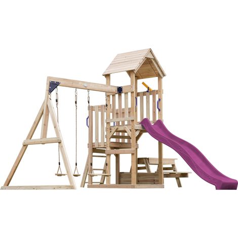 Axi Mette Aire De Jeux En Bois Avec 2 Balançoires, Toboggan Violet, Table De Pique Nique / Aire De Jeux Extérieur Avec Balançoires/ Bac À Sable/Téléscope Portique Balançoire/Jeux En Bois Extérieur