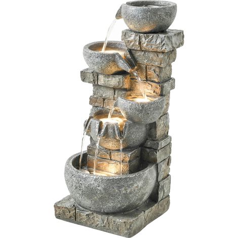 Fontaine de extérieur en résine, fontaine de jardin à cinq niveaux avec éclairage LED, pompe, aspect pierre, 34 x 36 x 80 cm en cascade (1/5)