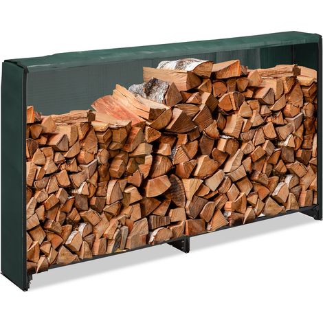 Relaxdays Firewood Rack with Cover, for Wood from 25 cm, Wooden Log Shelf, Iron, HxWxD: 110 x 200 x 29 cm, Black/Green (1/5)