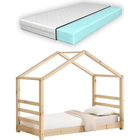 Letto per bambini casetta con materasso e rete a doghe in legno di pino naturale 80 x 160 cm 030005495