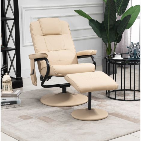 Fauteuil relax massant inclinable et pivotant 360°, 10 points de massage, repose-pieds, cuir régénéré crème, télécommande et poche latérale – CHICFURN (1/5)