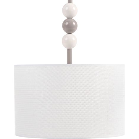 Lámpara colgante de metal con pantalla cilíndrica de tela estilo moderno de mediados de siglo blanco y beige Loky