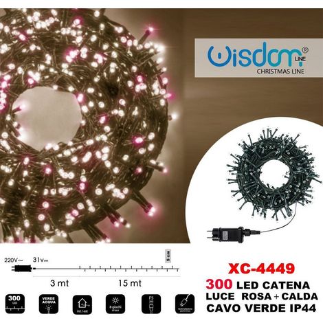 TRADE SHOP - Catena Luminosa 300 Luci Led Lucciole Luce Rosa + Calda Cavo Verde Ip44 Xc-4449 -