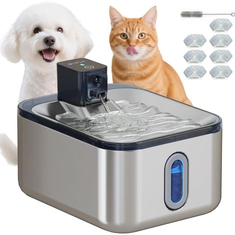 Pawhut – Fontaine à eau pour chat 5L en inox – Indicateur LED – Pompe silencieuse – 3 étapes de filtration – Chargeur USB – Argent (1/5)