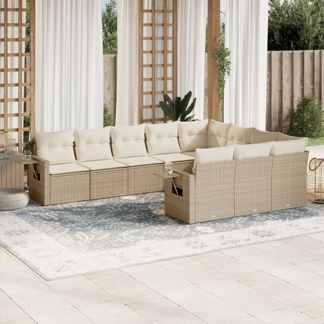 Ensemble Salon Jardin 10 Places Résine Tressée Beige avec Coussins Blanc Crème Modulaire Tables Intégrées (1/4)
