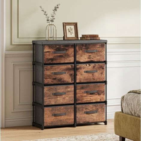 Commode 8 tiroirs 84,5x30,5x100 cm tissu brun rustique, cadre métal, rangement chambre – MEUBLIV (1/5)
