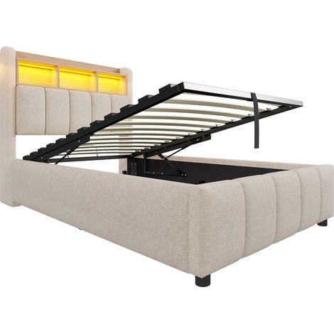 Polsterbett 90x200 cm beige mit LED, USB und hydraulischem Bettkasten MODENUIT (1/5)