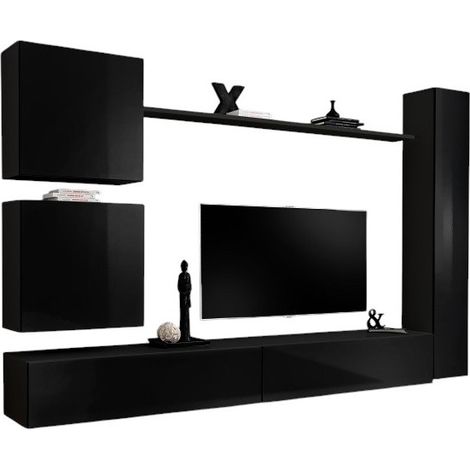 Ensemble meuble salon SWITCH VIII design, coloris noir brillant.