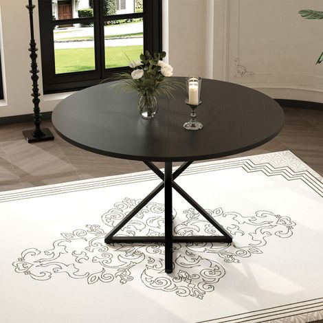 Table À Manger Ronde 47" (120 cm) pour 4-6 Convives, Piètement Central, Style Fermier Bois noir, Petits Espaces, Salon, Table Seule (1/4)