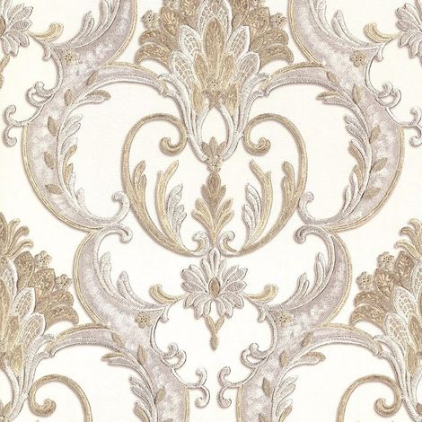 Debona Italian Heavyweight Vinyl Damask Wallpaper Textured Gold Silver White